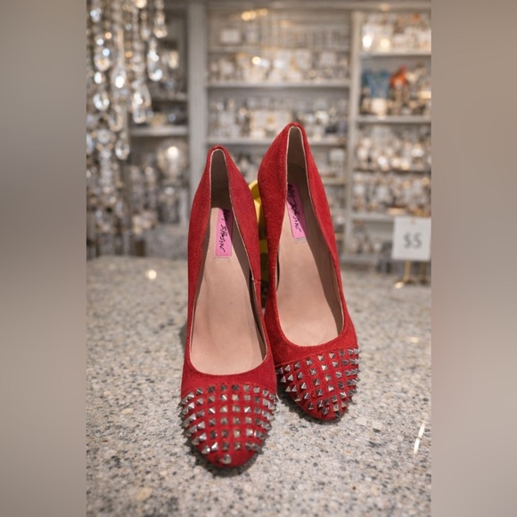 Betsey Johnson Shoes - Betsy Johnson Red Suede Studded Pointed Toe Heels Leopard Sole Size 8